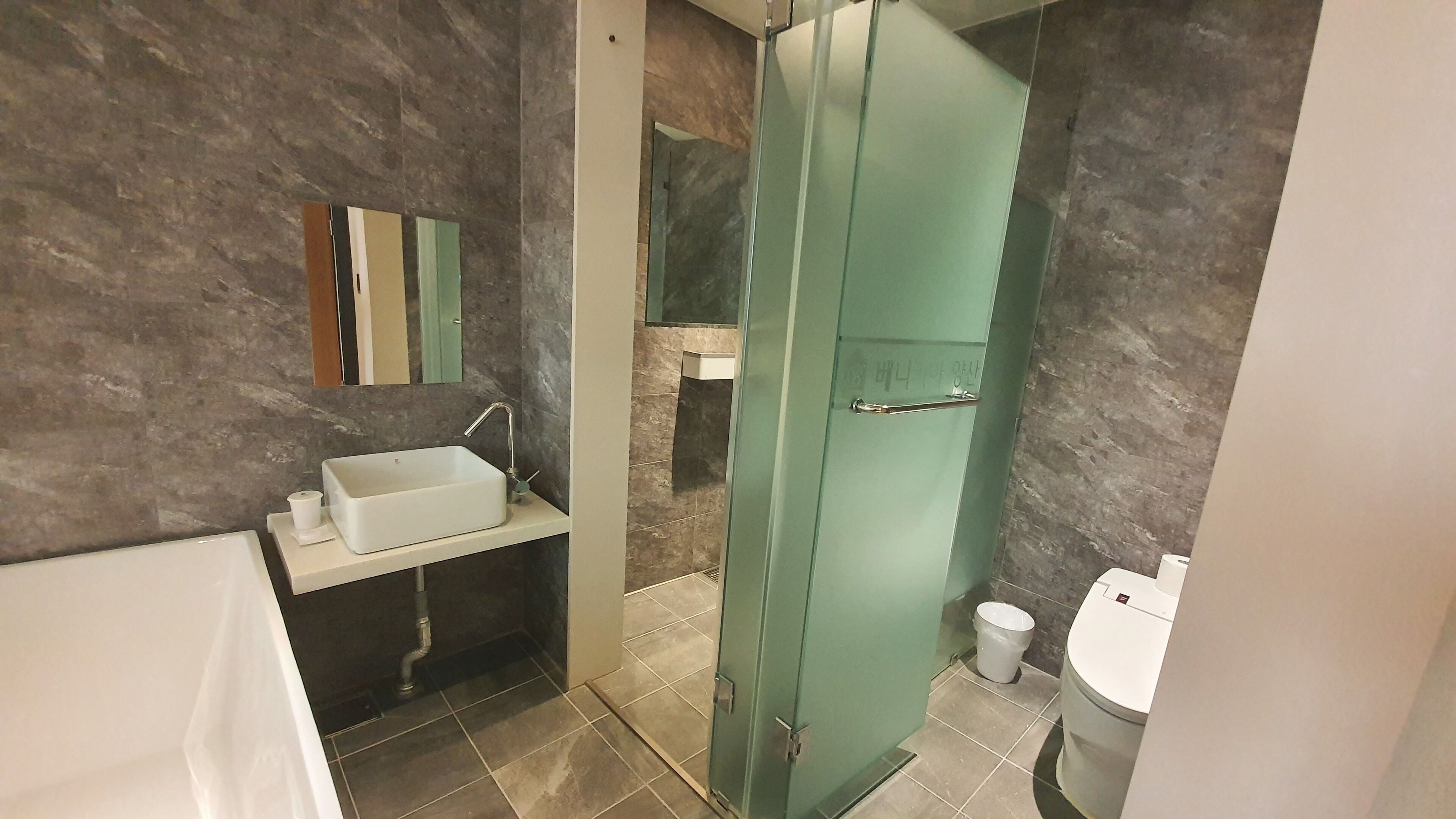 A modern bathroom with a glass shower door, a white sink, and a toilet.