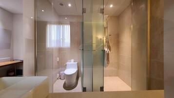 A modern bathroom with a glass-enclosed shower, a toilet, and a vanity with a mirror.