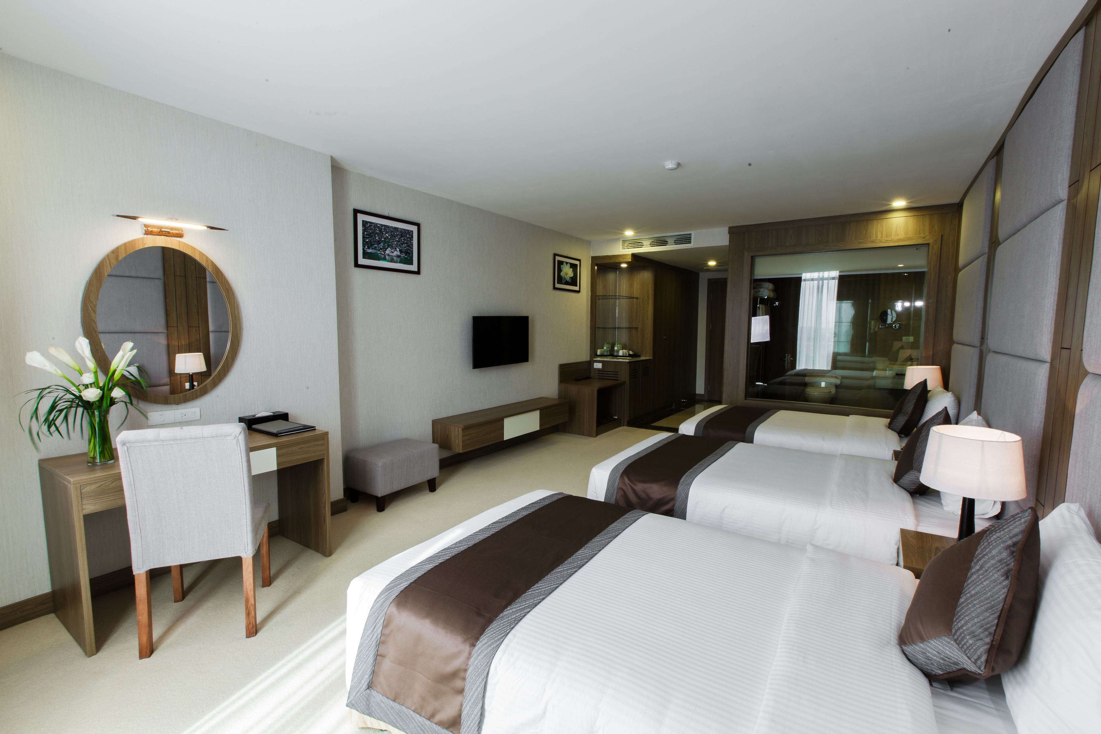 Een hotelkamer met twee bedden, een bureau, een stoel, een televisie en een spiegel.