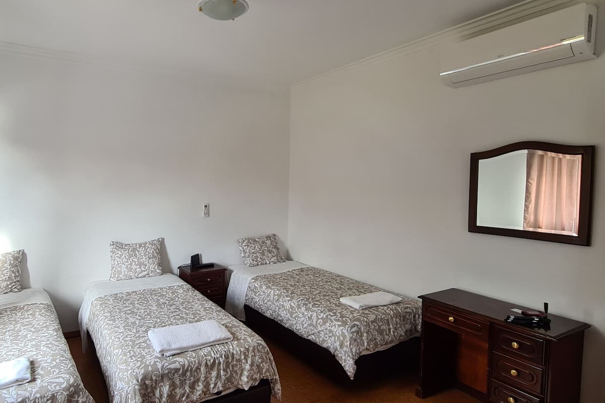A room with two single beds, a wooden dresser, a mirror, and an air conditioning unit.