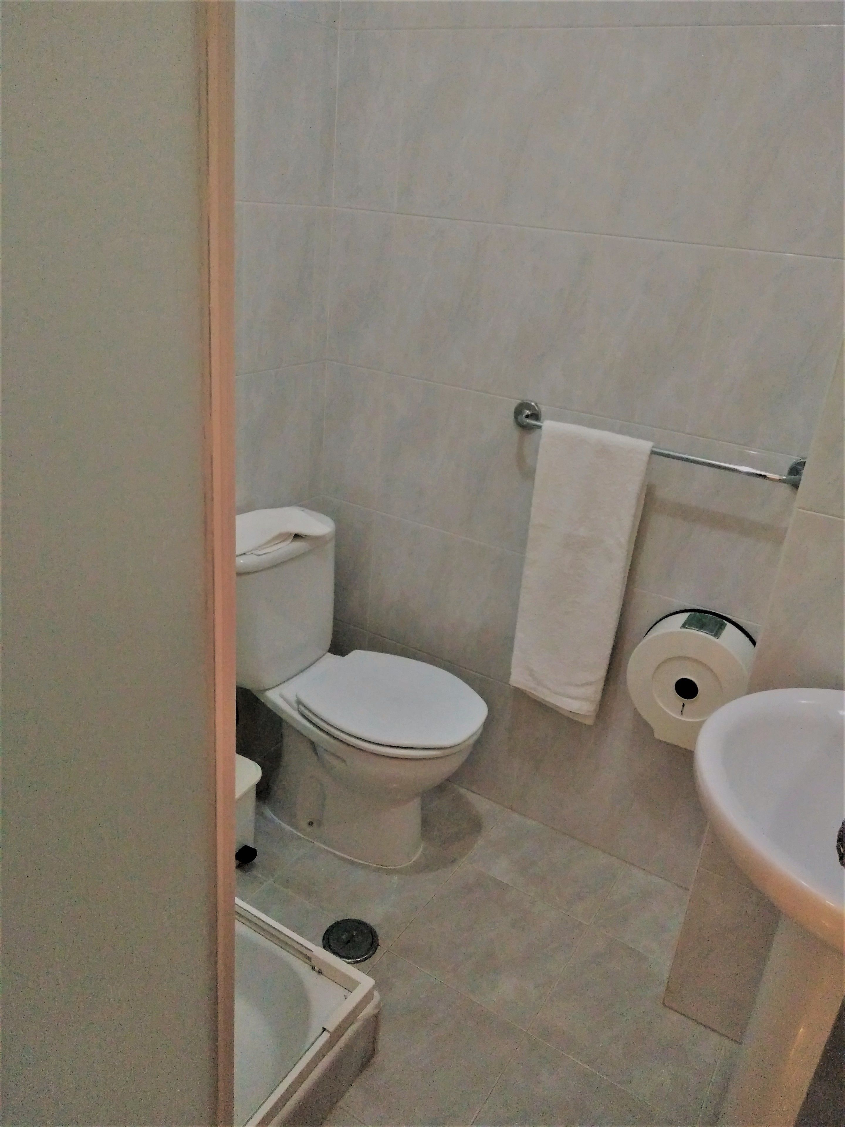 Un baño con inodoro, toallero, dispensador de papel higiénico y lavamanos.
