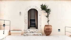 A building entrance with a stone archway, a potted plant, and a tiled floor.