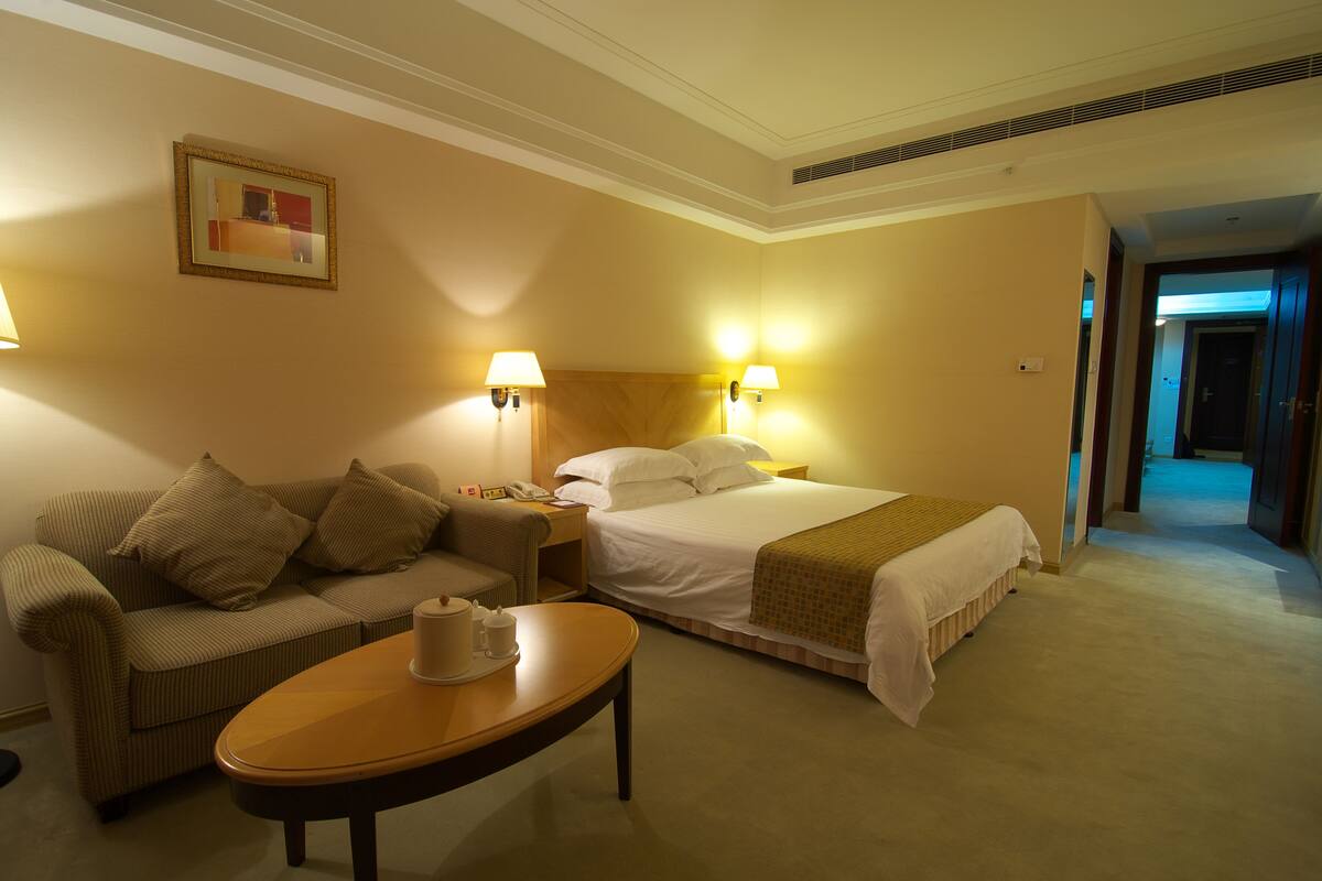 A hotel room with a bed, a sofa, a bedside table, and a lamp.
