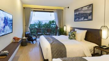 Combined shower/bathtub, designer toiletries, hair dryer, bathrobes