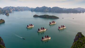 A river cruise with multiple boats, surrounded by lush green islands and rocky cliffs.