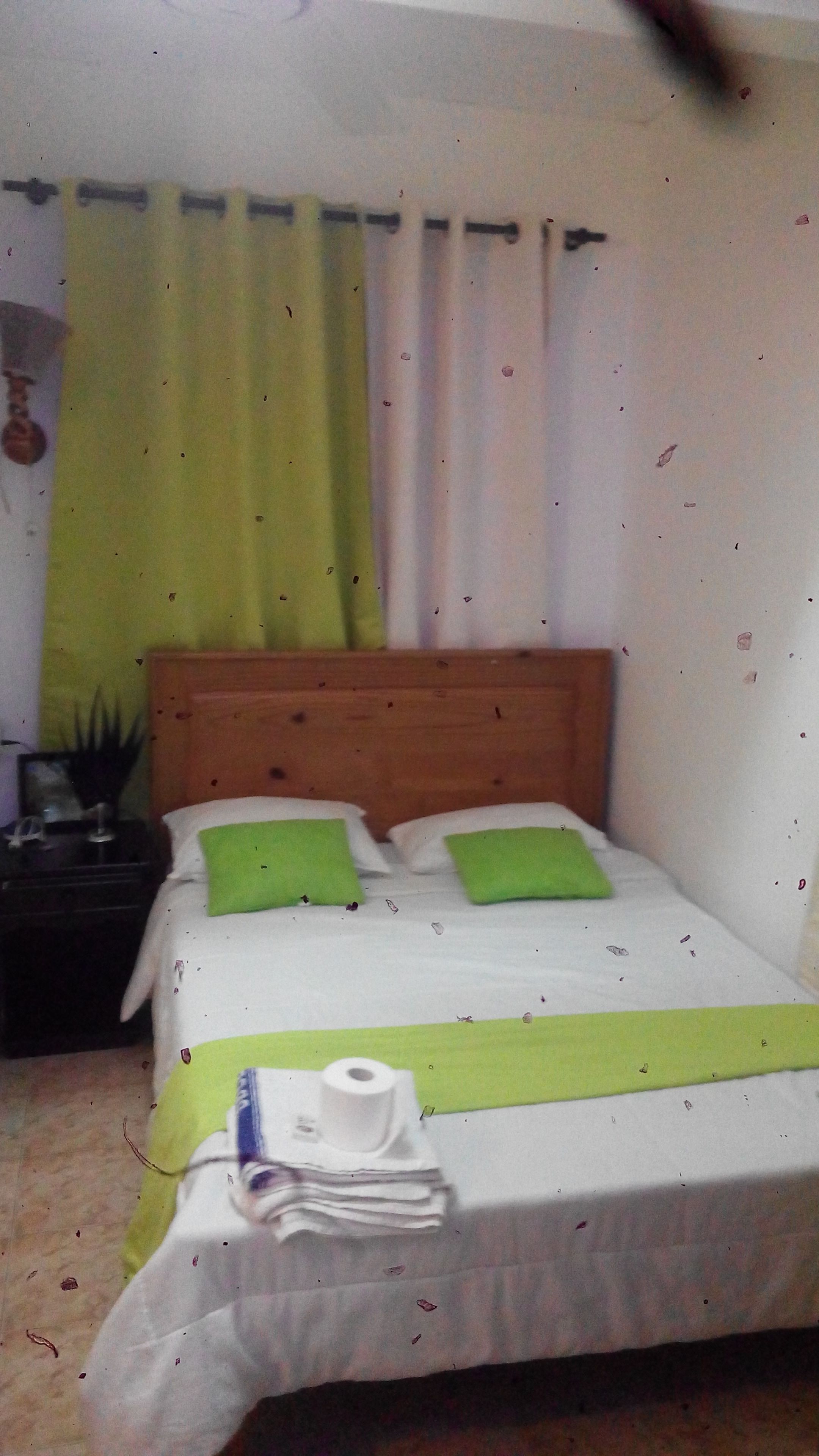 A neatly made bed with green pillows, a wooden headboard, and a green bedspread.