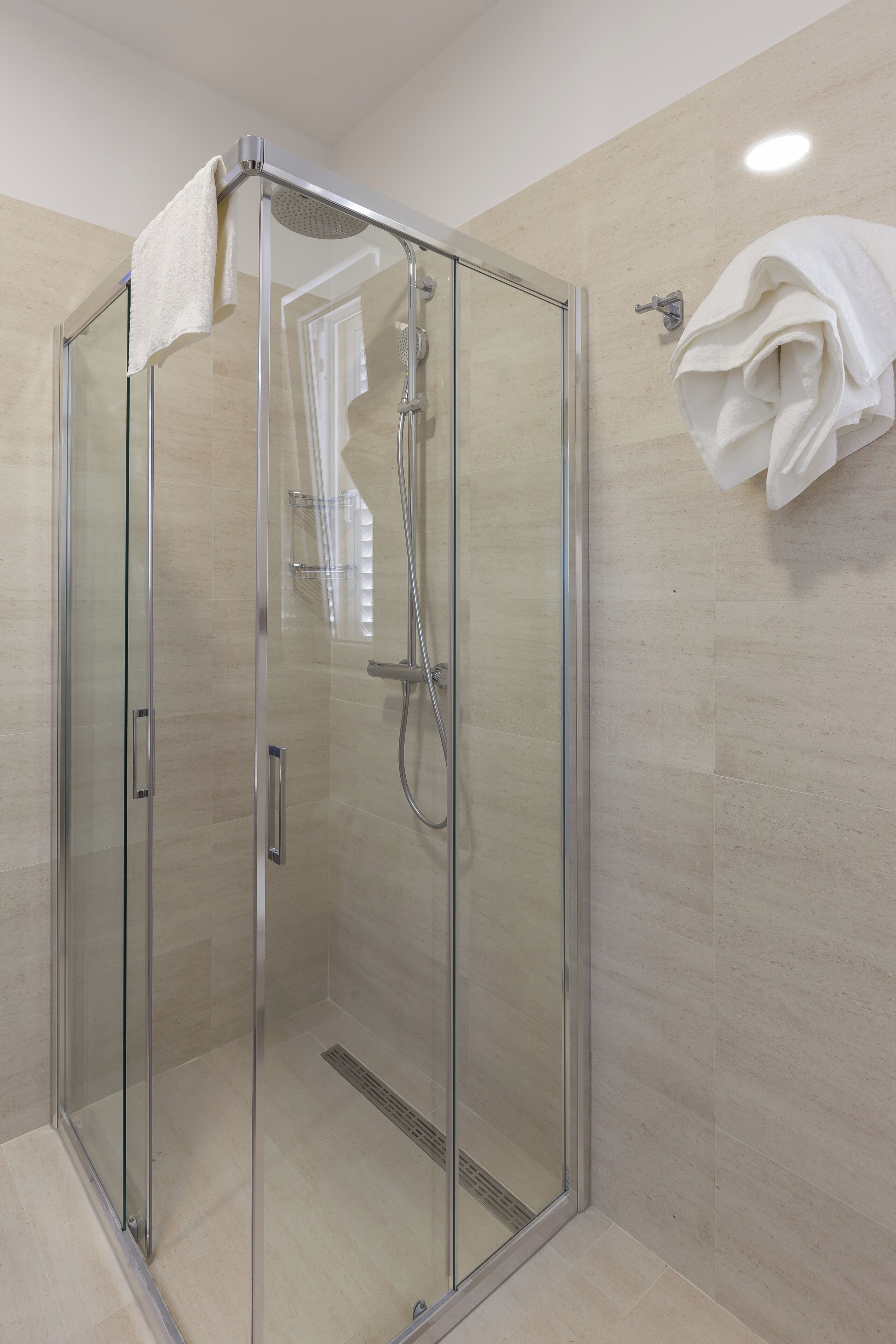 A glass-enclosed shower with a handheld showerhead and a towel rack on the wall.