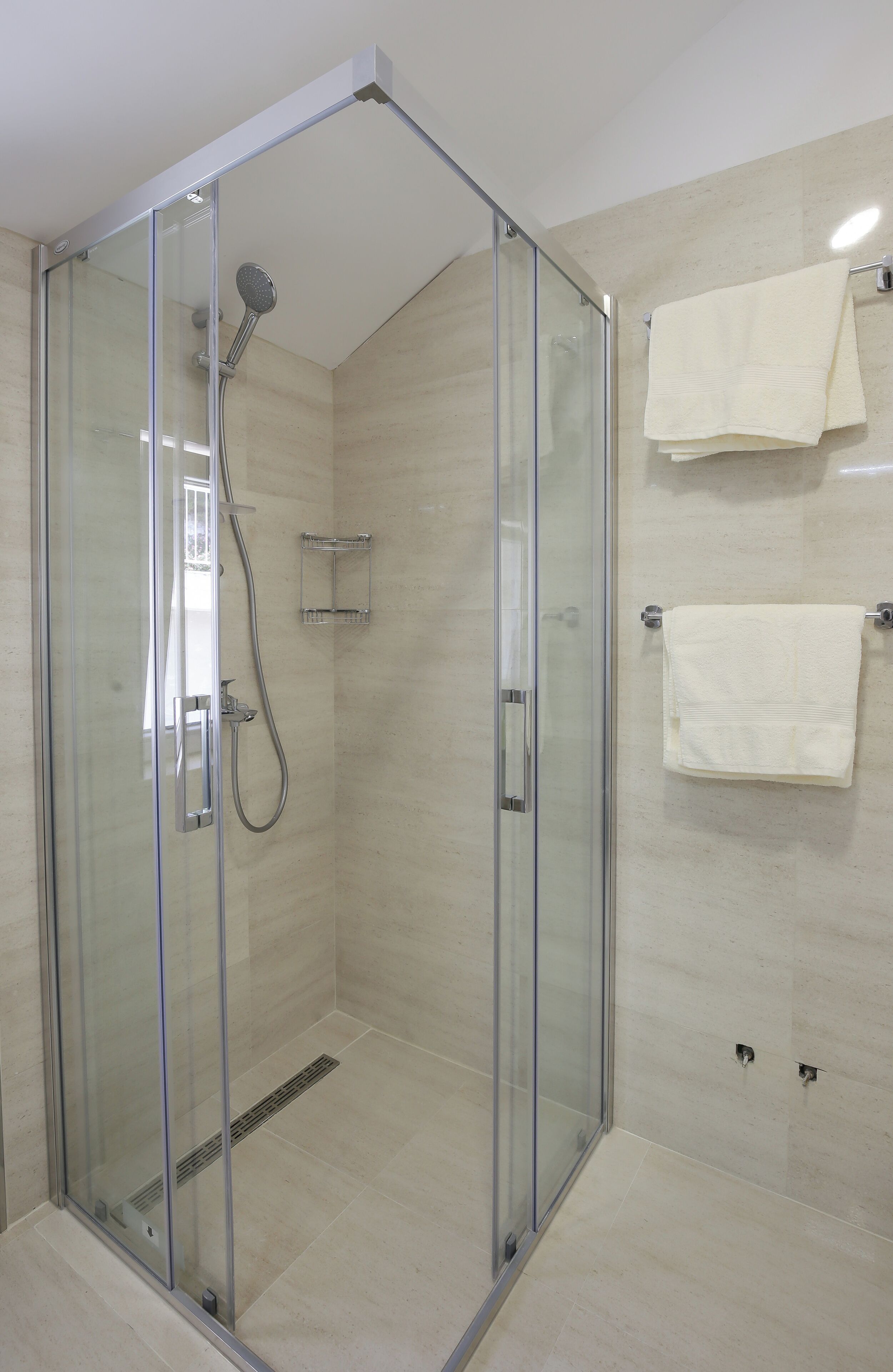 Een douche met glazen wanden, een handdouche en een handdoekrek met twee handdoeken.