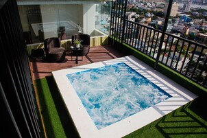 Outdoor pool, pool umbrellas, pool loungers