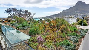 Un jardin sur le toit, doté d’une végétation variée, et une passerelle en verre offrant une vue panoramique sur le paysage urbain côtier et les montagnes.