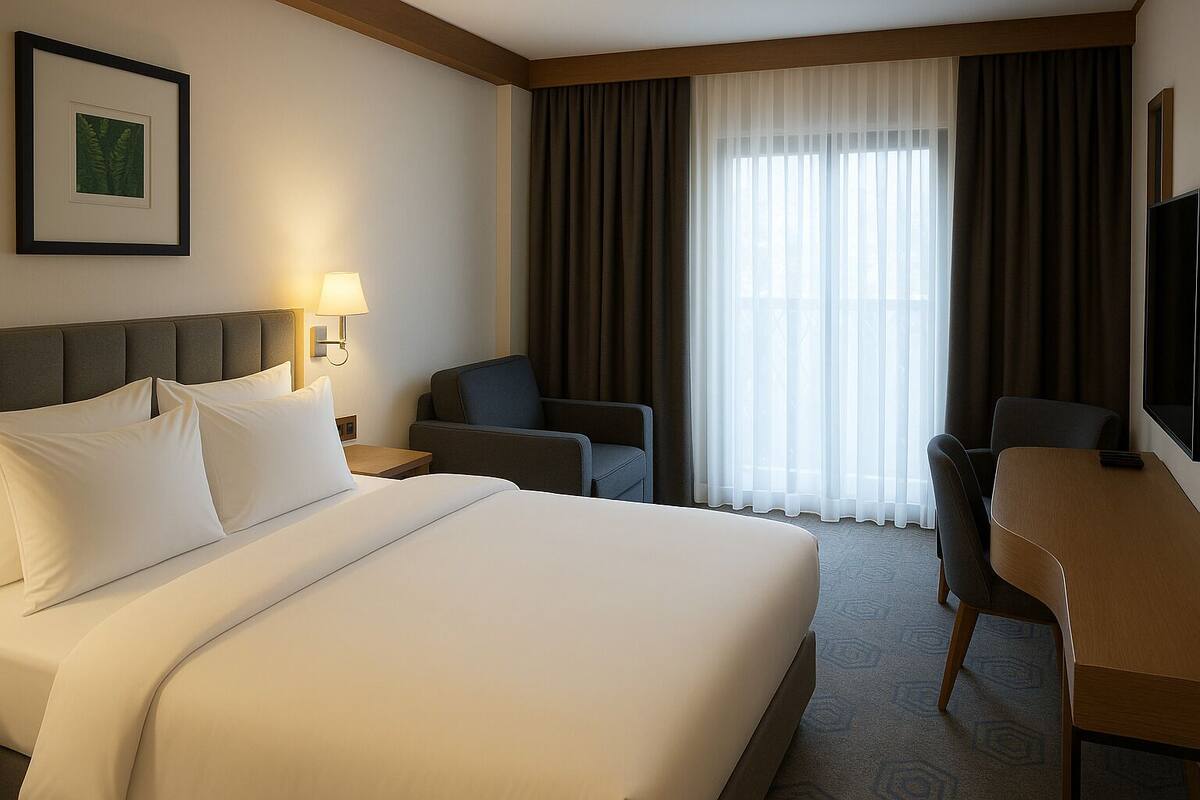 A hotel room with a large bed, a desk, a chair, a TV, and a window with curtains.