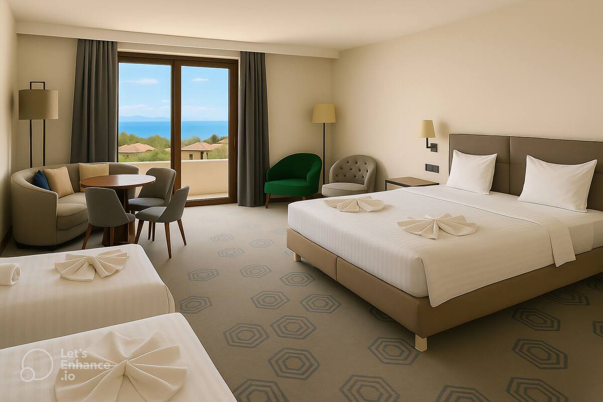 A hotel room with a large bed, two armchairs, a small table, and a view of the sea.