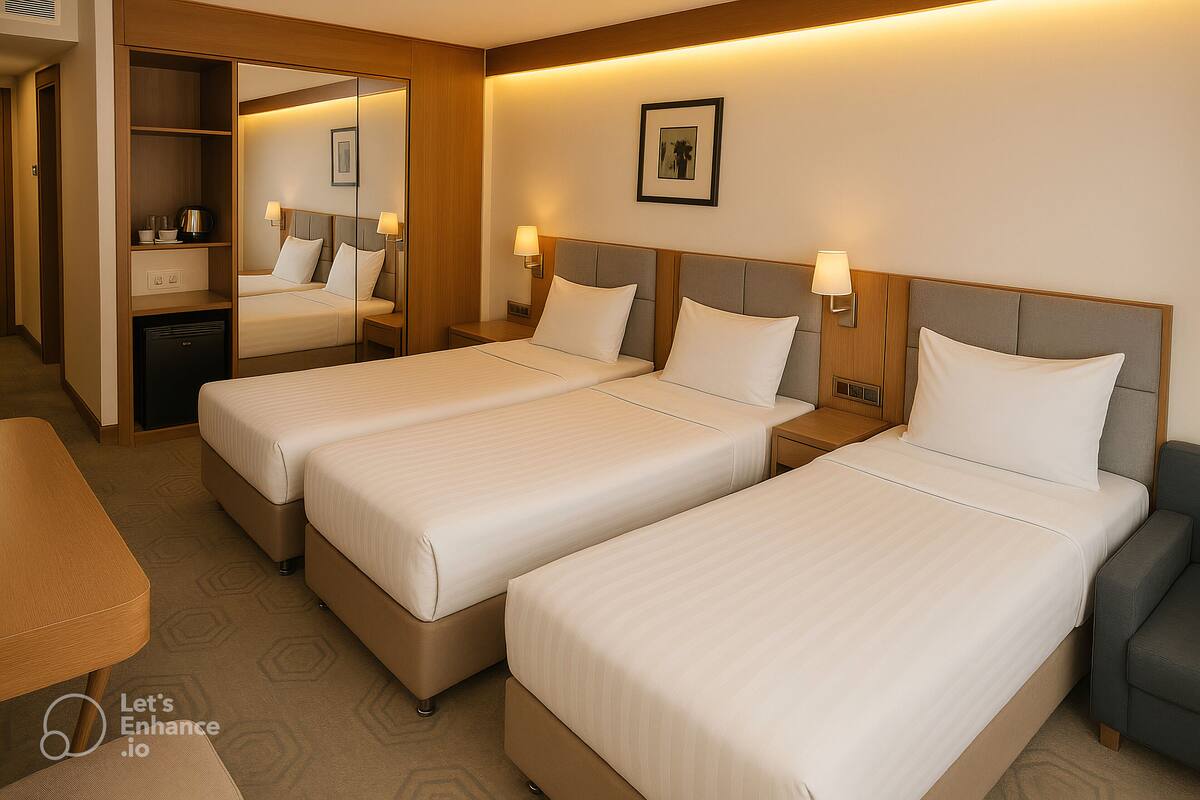 A hotel room with two beds, a desk, a wardrobe, and a mirror.