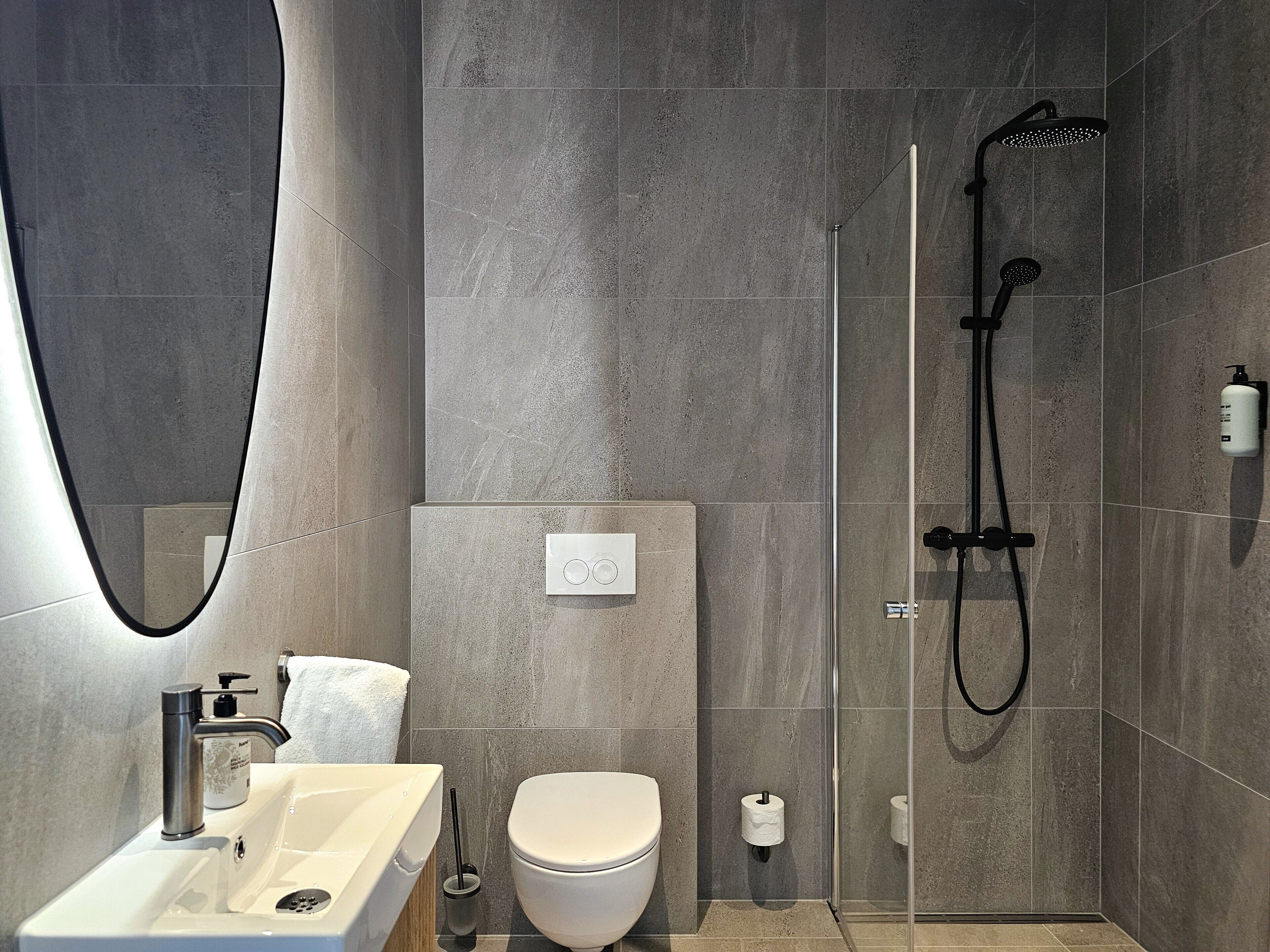 A modern bathroom with a shower, toilet, sink, and a mirror.