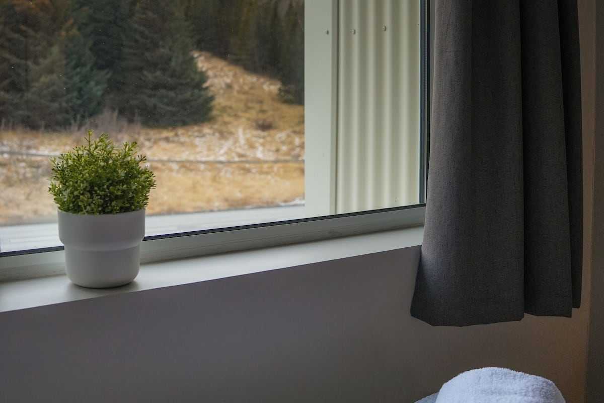 Een uitzicht op een bergachtig landschap vanuit een raam, met een kamerplant en een opgevouwen handdoek op een bed.