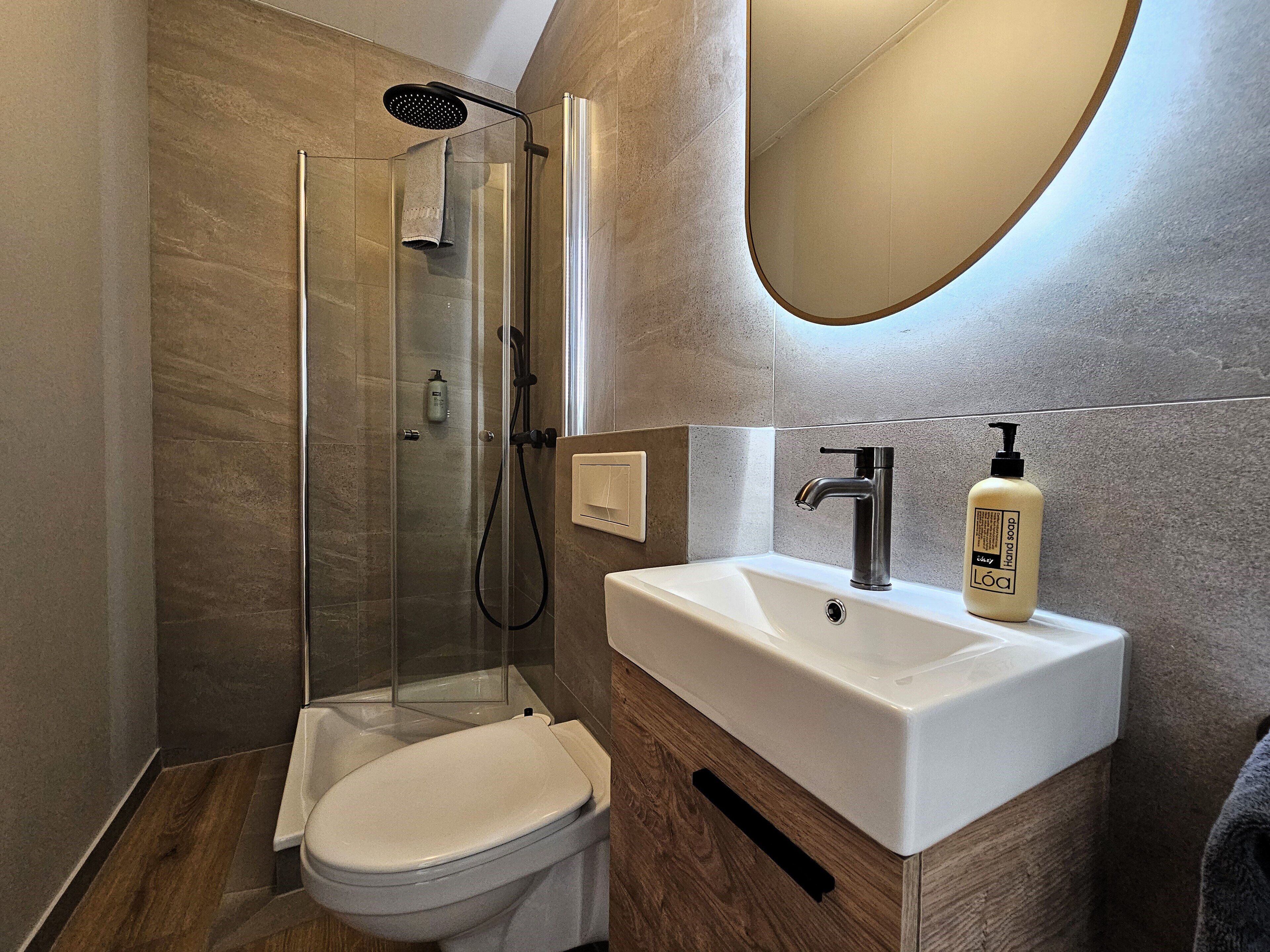 A modern bathroom with a glass-enclosed shower, a white toilet, a wooden vanity with a sink, and a mirror.