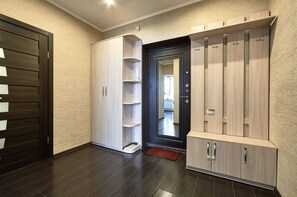 A modern hallway with a wooden wardrobe, a dark door, and a light-colored wall.