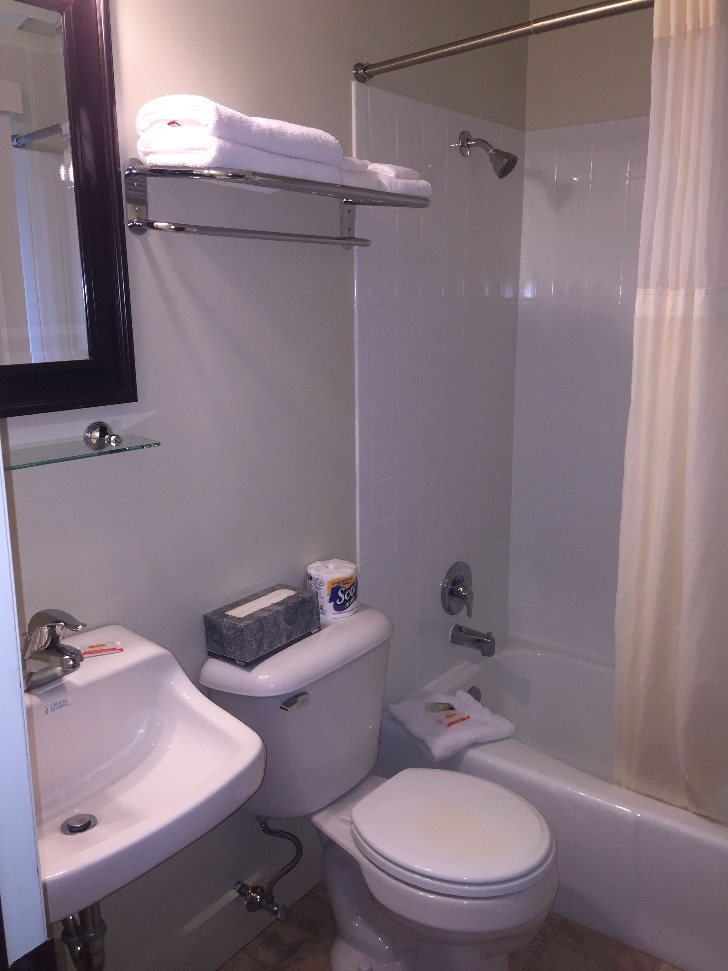 A bathroom with a toilet, sink, and shower.