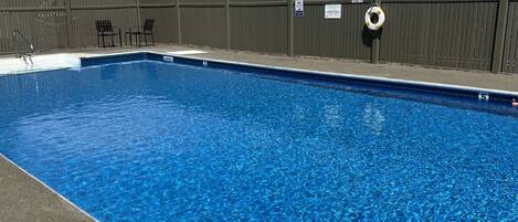 Una piscina rectangular con superficie de agua azul cristalina, rodeada por una cerca oscura.