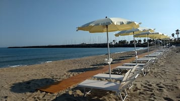 On the beach, sun-loungers, beach umbrellas