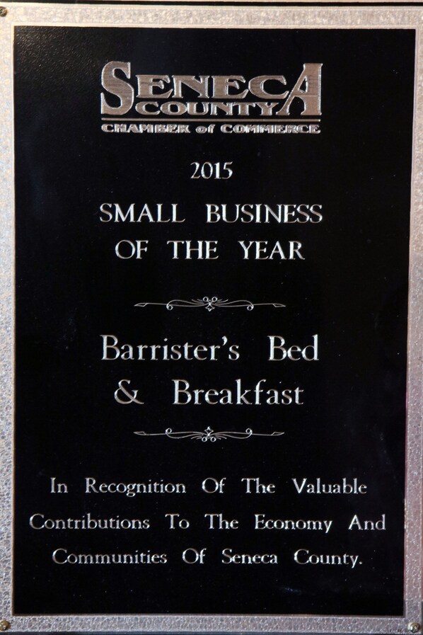 A plaque recognizing Barrister's Bed & Breakfast as the Small Business of the Year in Seneca County for 2015. - Barrister's Bed & Breakfast (Seneca Falls)