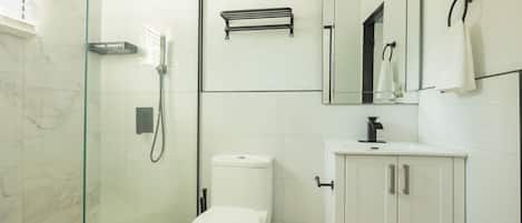 A modern bathroom with a glass-enclosed shower, a white toilet, a vanity with cabinets, and a mirror.