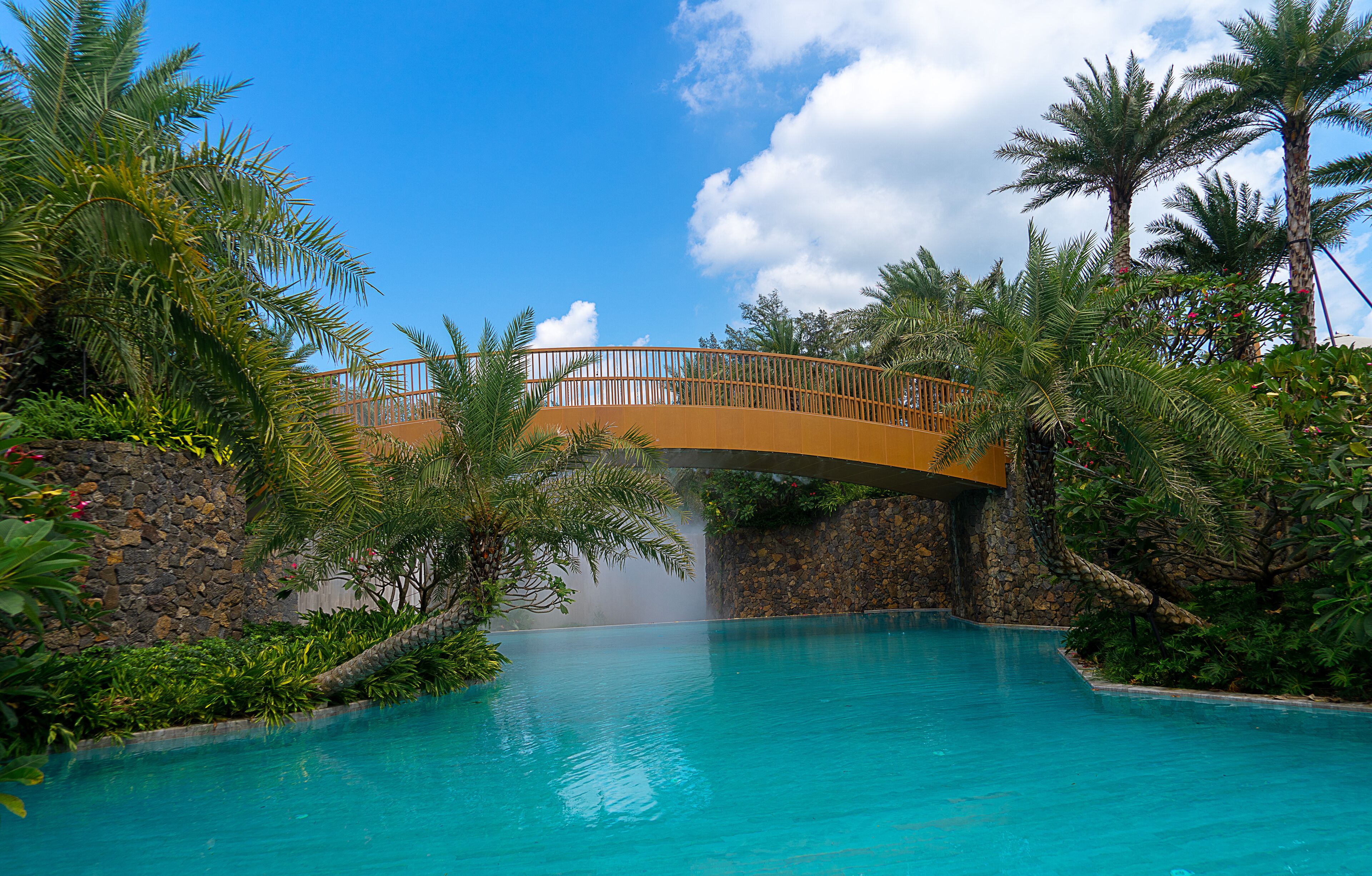 A pool area with a bridge, surrounded by tropical plants and a stone wall.