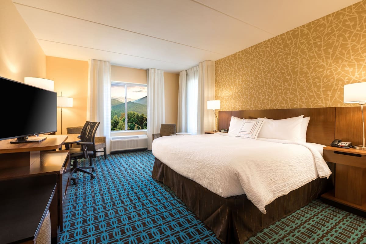 A hotel room with a large bed, a desk with a TV, a chair, and a window with a view of the mountains.