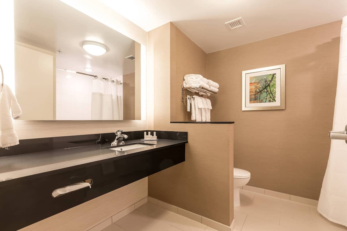 A modern bathroom with a black vanity, a large mirror, a toilet, and a shower curtain.