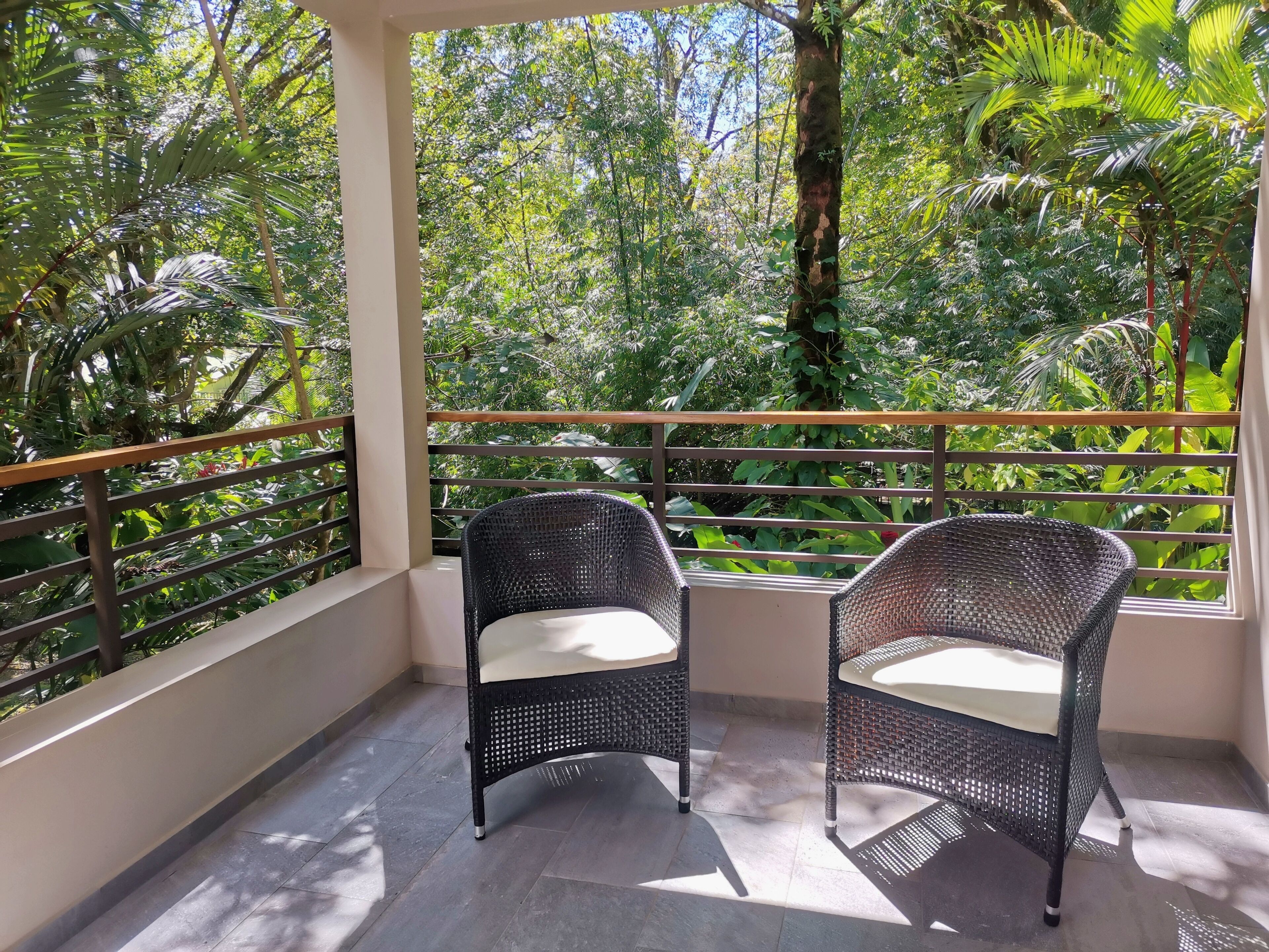 Een balkon met twee rieten stoelen en een metalen hekwerk, met uitzicht op een weelderige tuin vol planten en bomen.