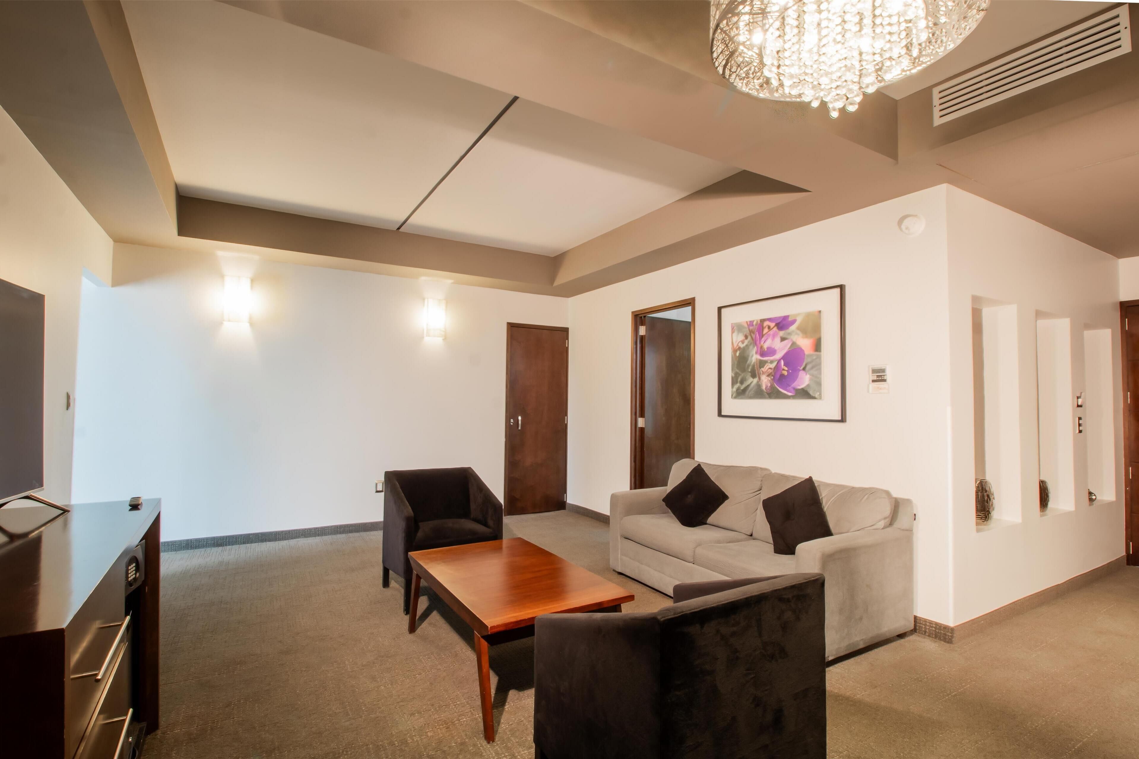 Amplia sala de estar con sofá, sillones, una mesa de centro y televisor. Se observa una araña, una puerta y un cuadro en la pared.