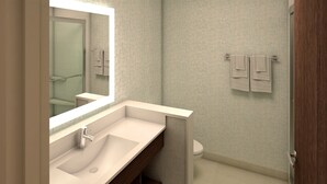 A modern bathroom with a large mirror, a sink, and a toilet. - Holiday Inn Express & Suites Tulsa South - Woodland Hills by IHG (Tulsa)