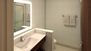 Ein modernes Badezimmer mit einem großen Spiegel, einem Waschbecken und einer Toilette.