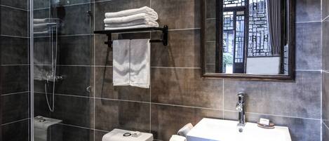 A modern bathroom with a glass-enclosed shower, a white toilet, and a vanity with a mirror.