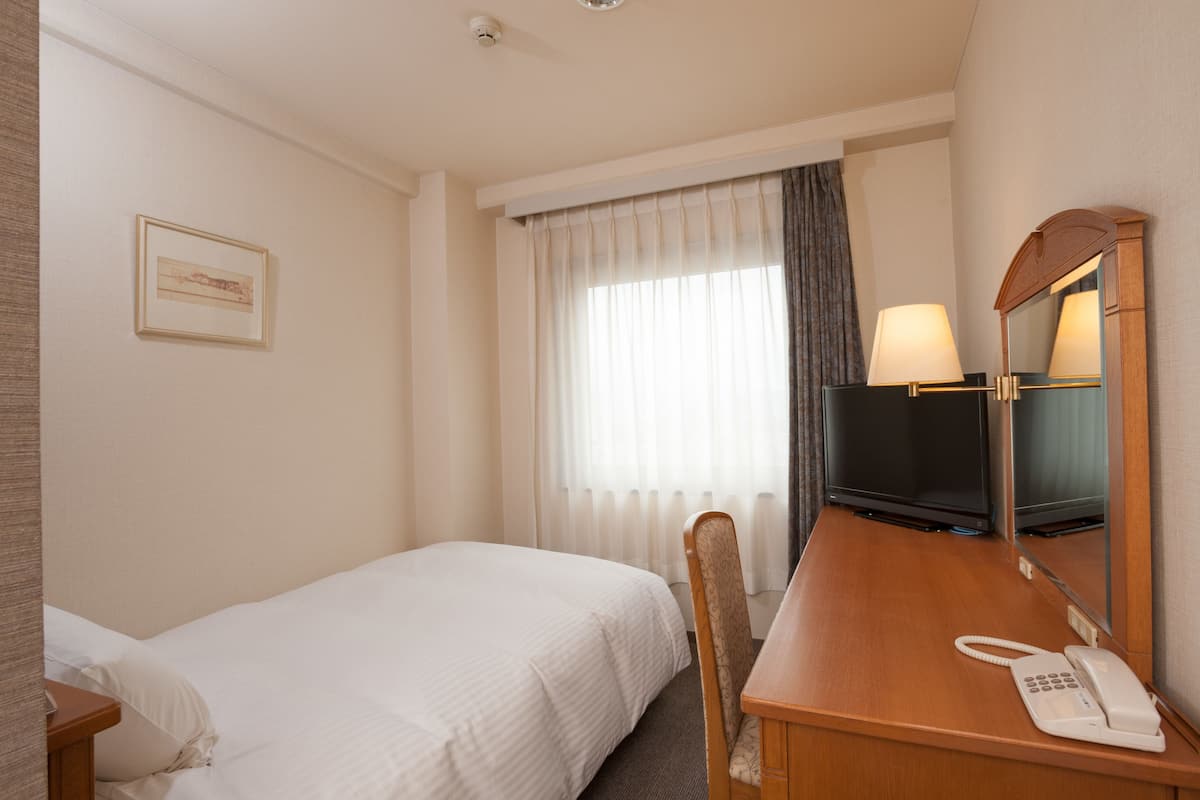 Une chambre d’hôtel avec un lit simple, un bureau avec un téléphone, une télévision et un miroir.