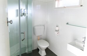 Ducha, secador de pelo, toallas, jabón