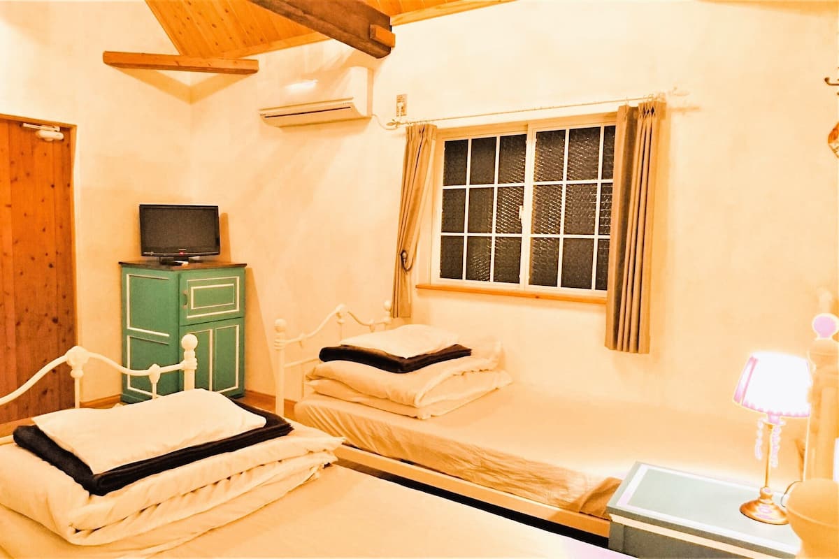 A bedroom with two beds, a television on a cabinet, and a window with curtains.