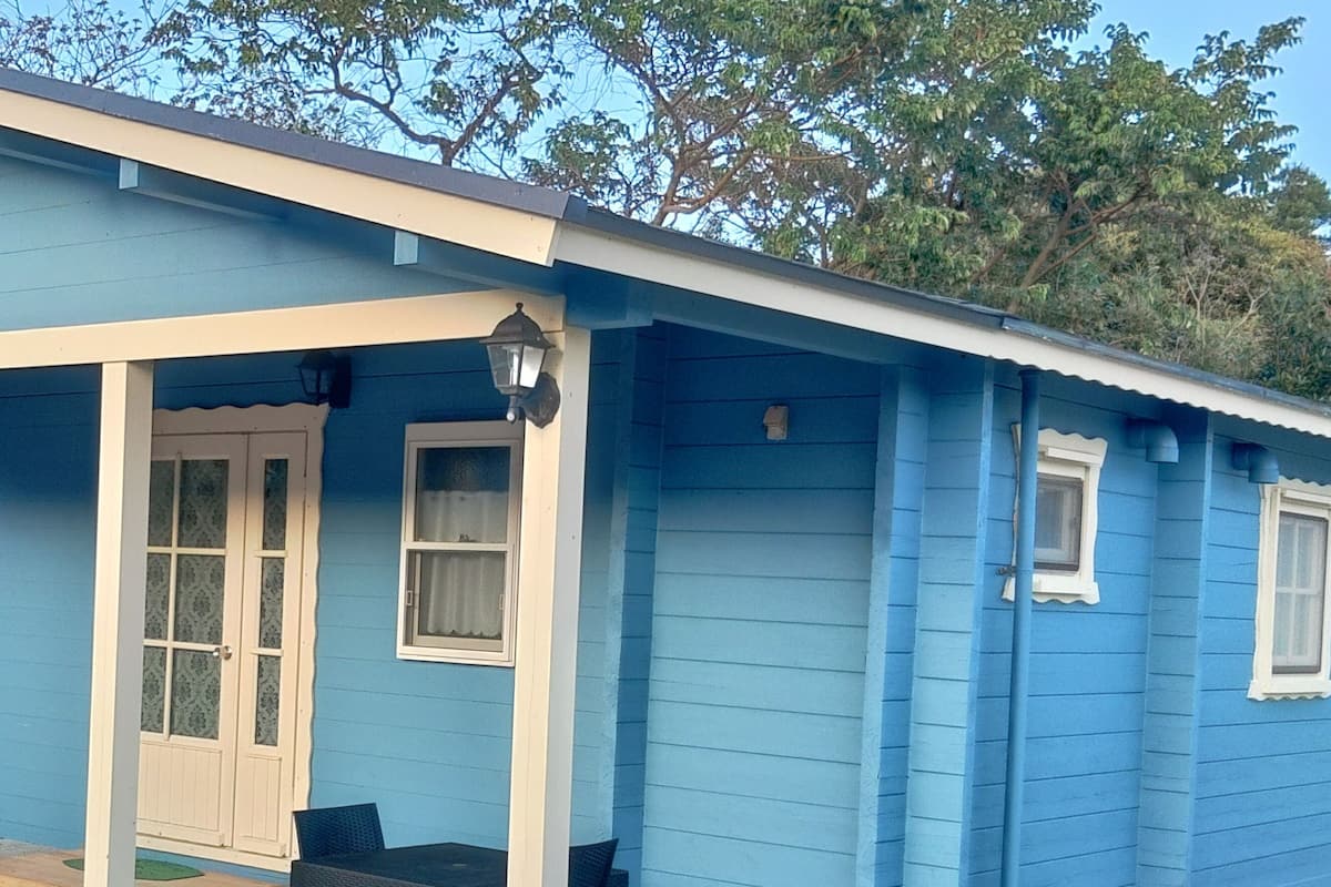 A blue house with a porch, a door, and windows.
