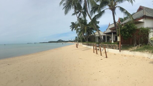 A beach with a sandy shore, palm trees, and a building with a tiled roof. - Baan Promjan (Koh Samui)