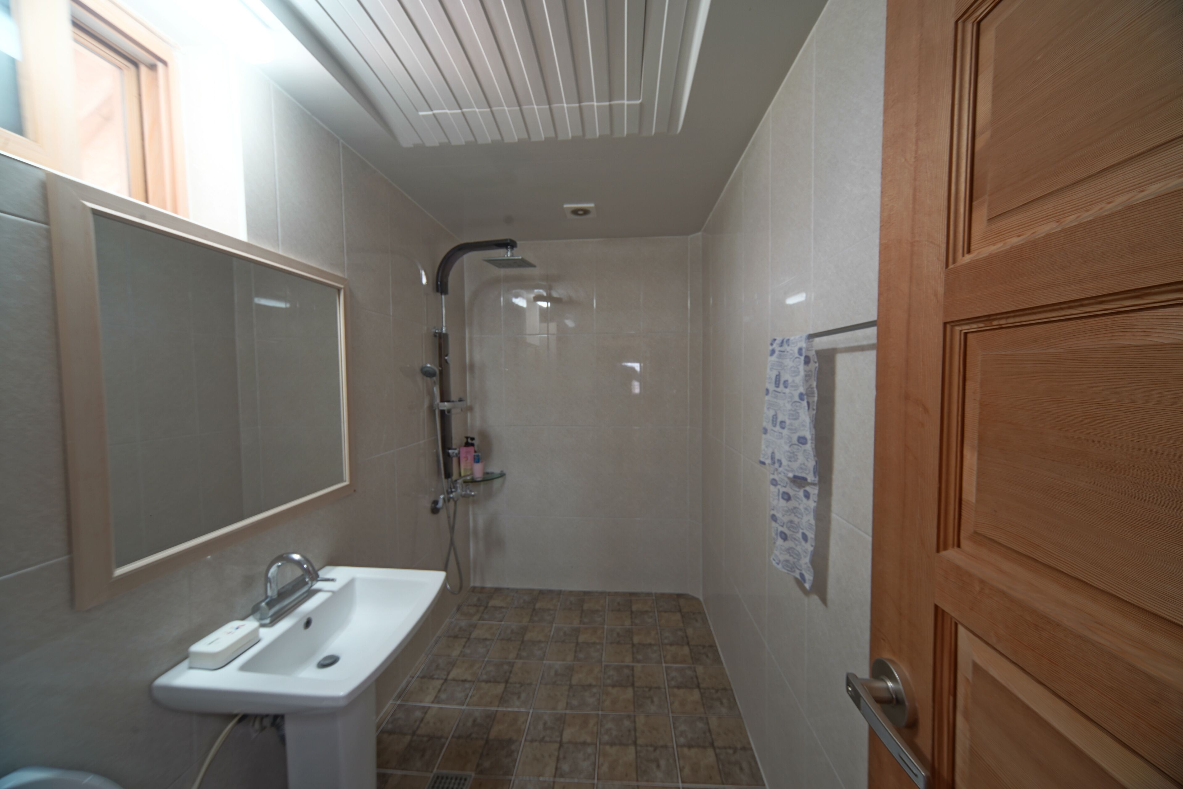Un baño pequeño con lavamanos, espejo, ducha y puerta de madera.