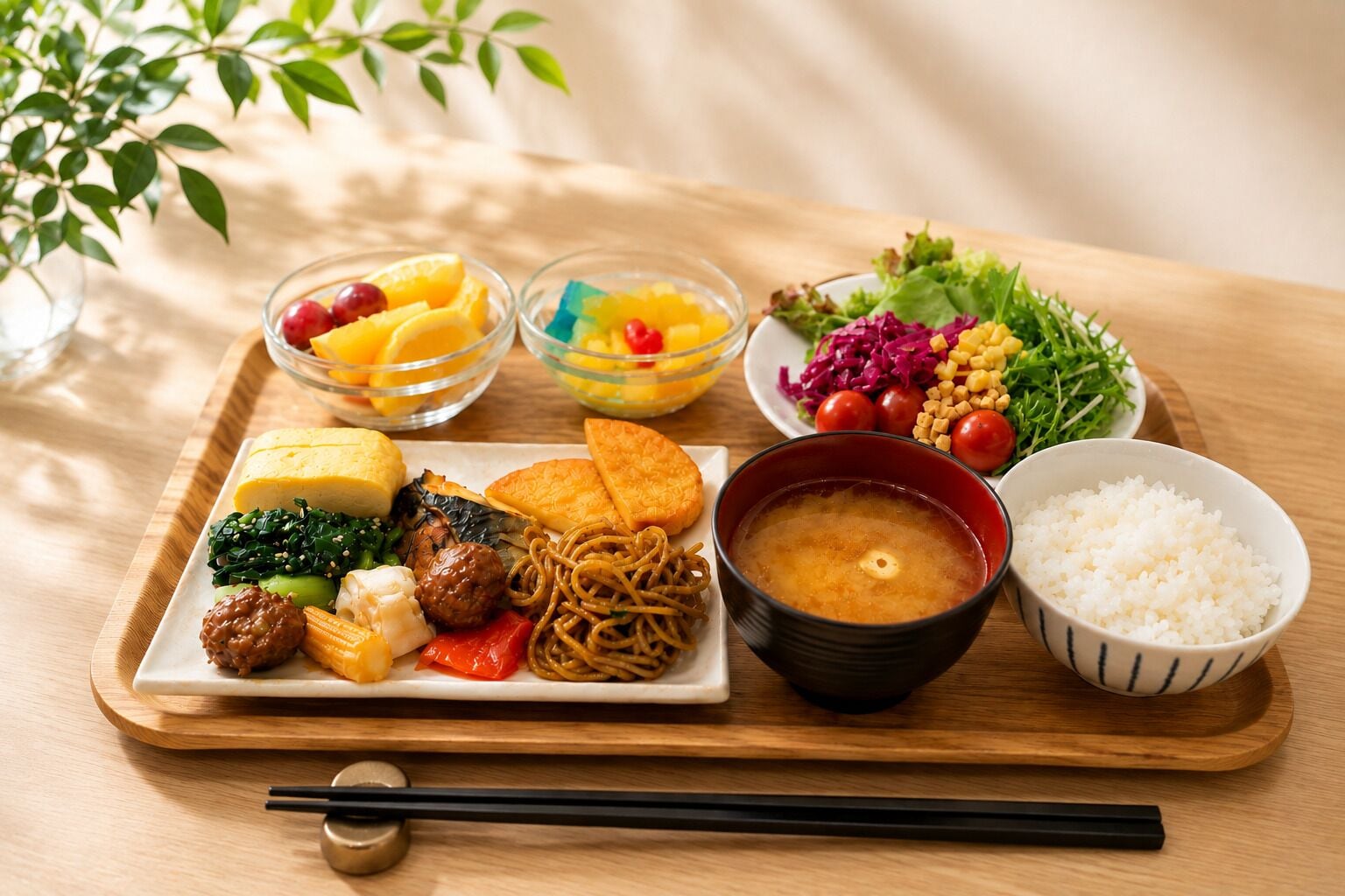 A wooden table with a variety of dishes including noodles, soup, rice, and vegetables.