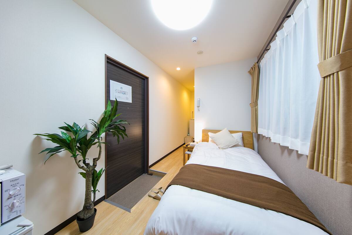 A hotel room with a bed, bedside table, lamp, and a potted plant.