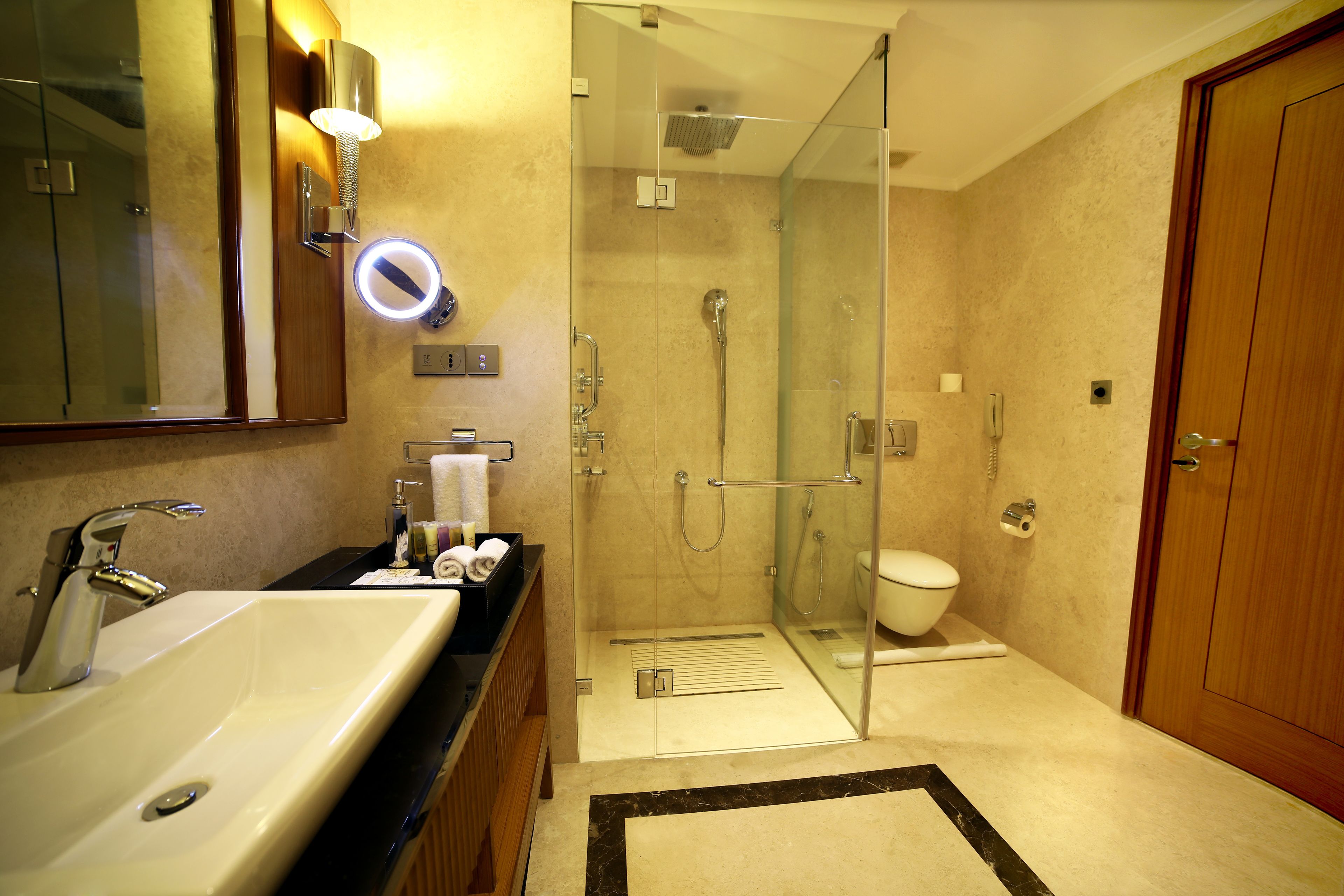 A modern bathroom with a large sink, glass shower enclosure, and a wooden door.