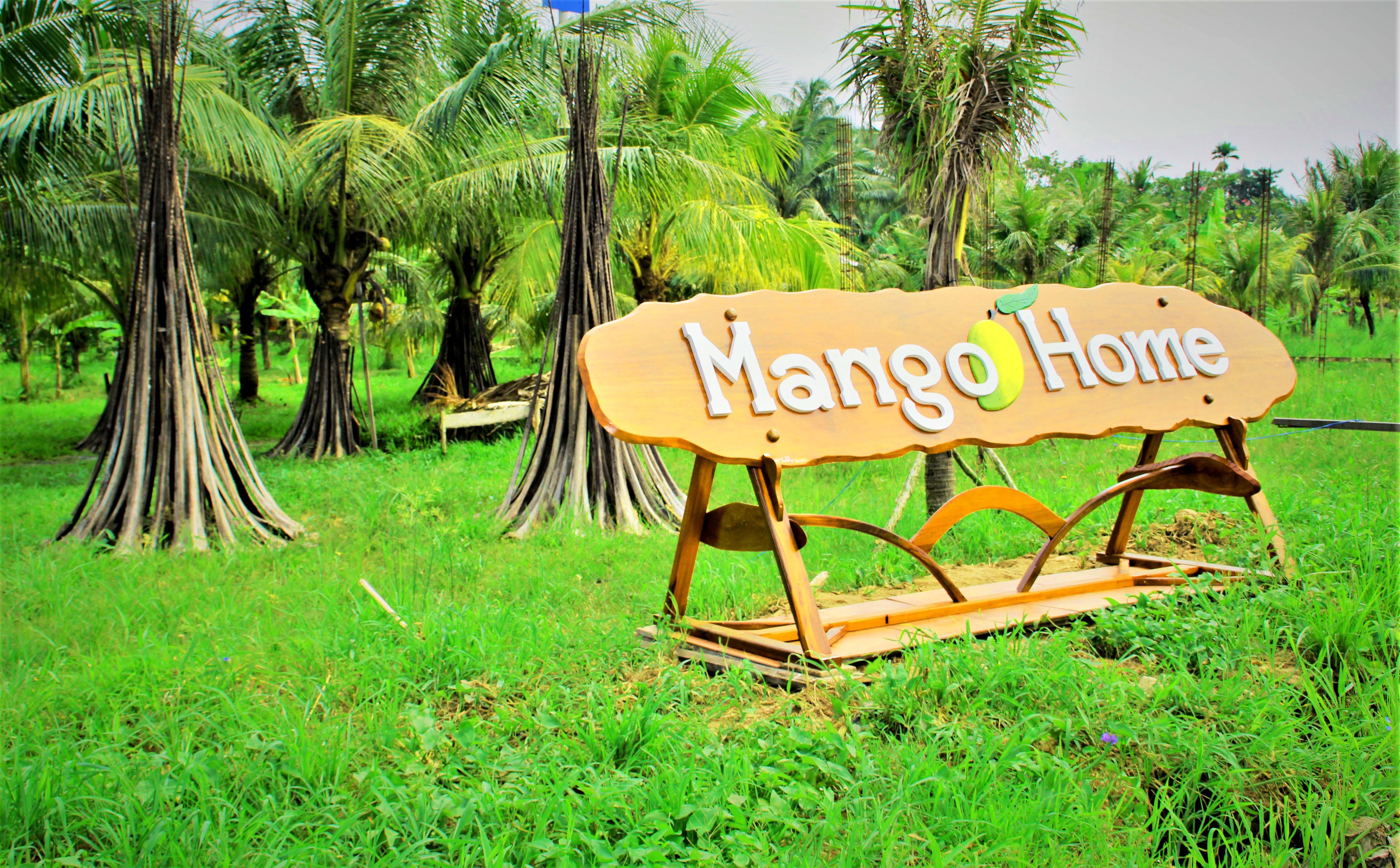 Un letrero de madera con el texto "Mango Home" en un paisaje verde exuberante con palmeras.