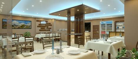 A spacious dining area with multiple tables set for dining, a central decorative pillar, and a wall-mounted shelf with bottles.