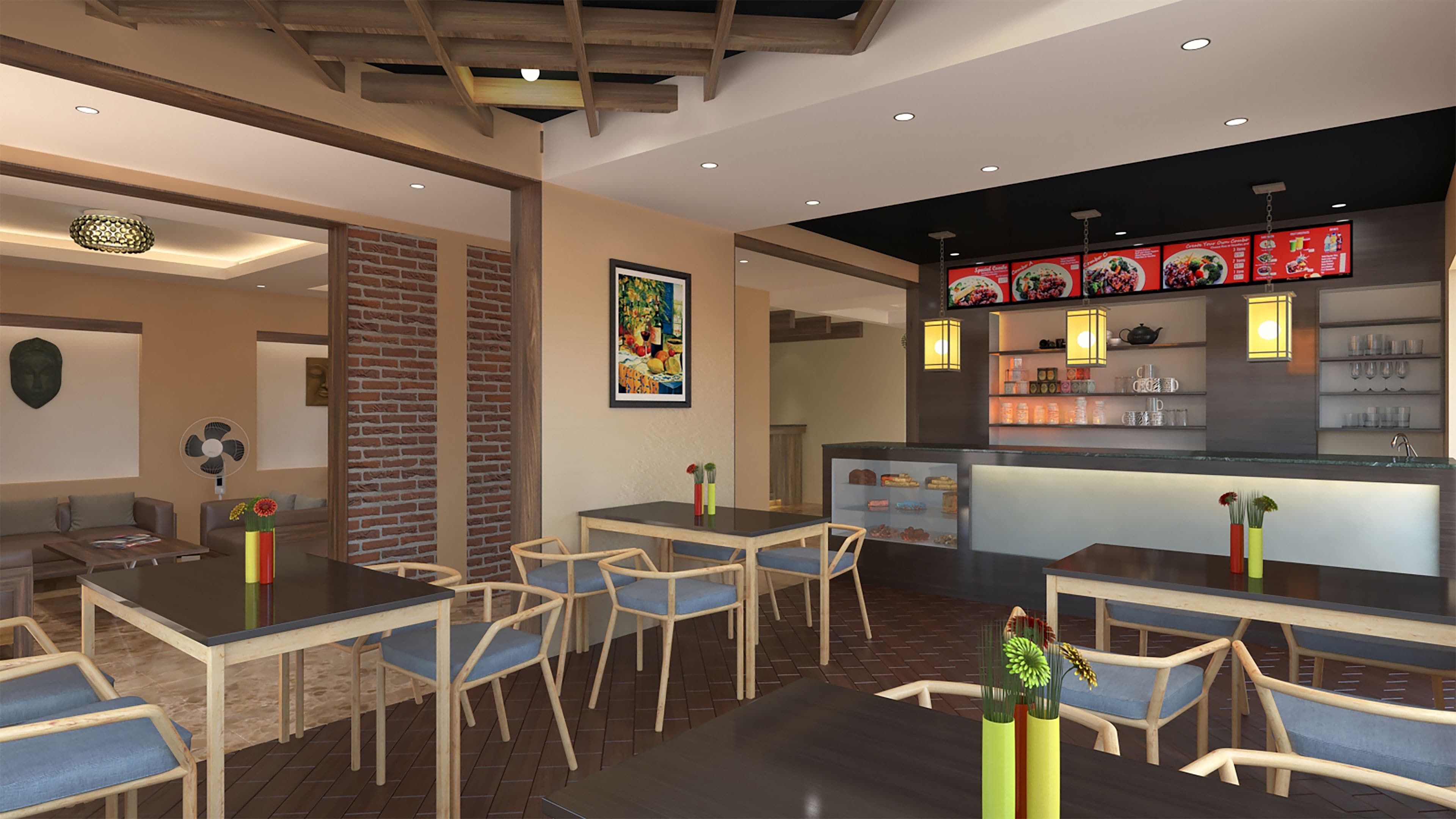 A modern restaurant interior with brick walls, wooden beams, and a bar area with menu displays.