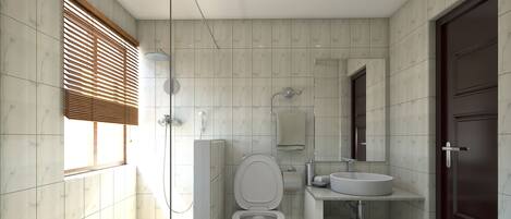A modern bathroom with a toilet, sink, and shower.