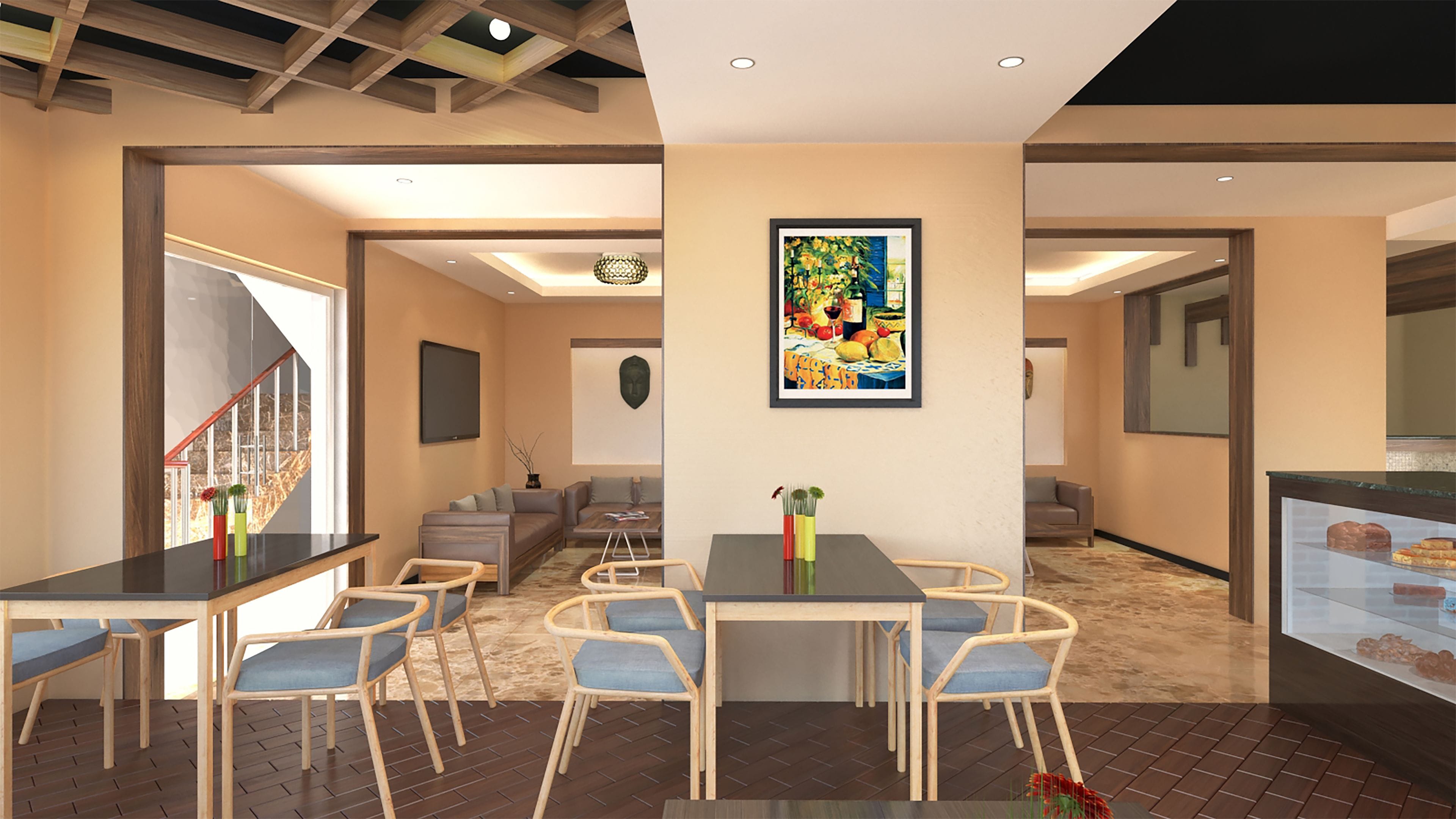 A modern dining area with a central table and chairs, a staircase, and a wall-mounted painting.