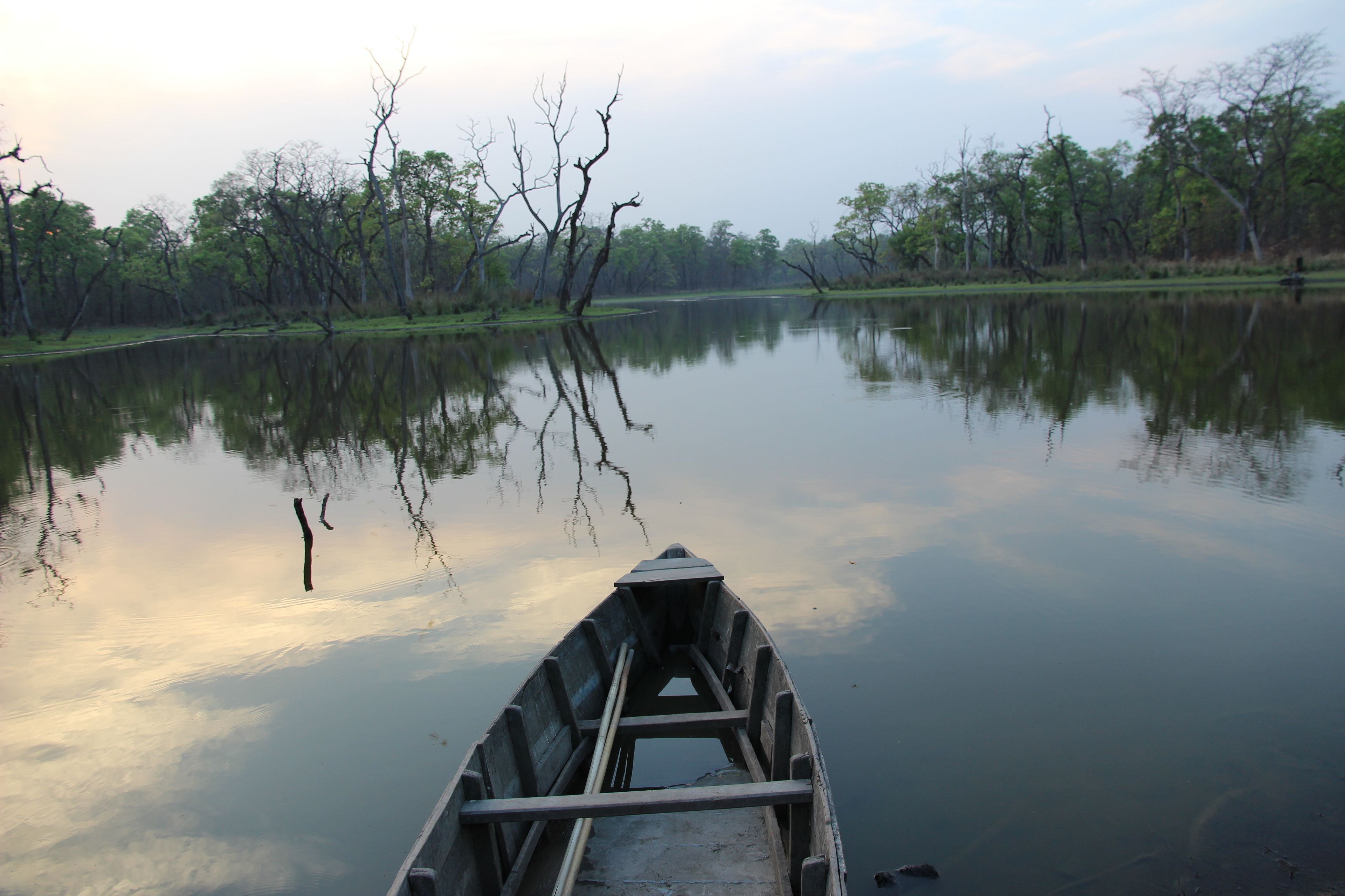 Un bateau sur une eau calme, avec le reflet des arbres et du ciel.