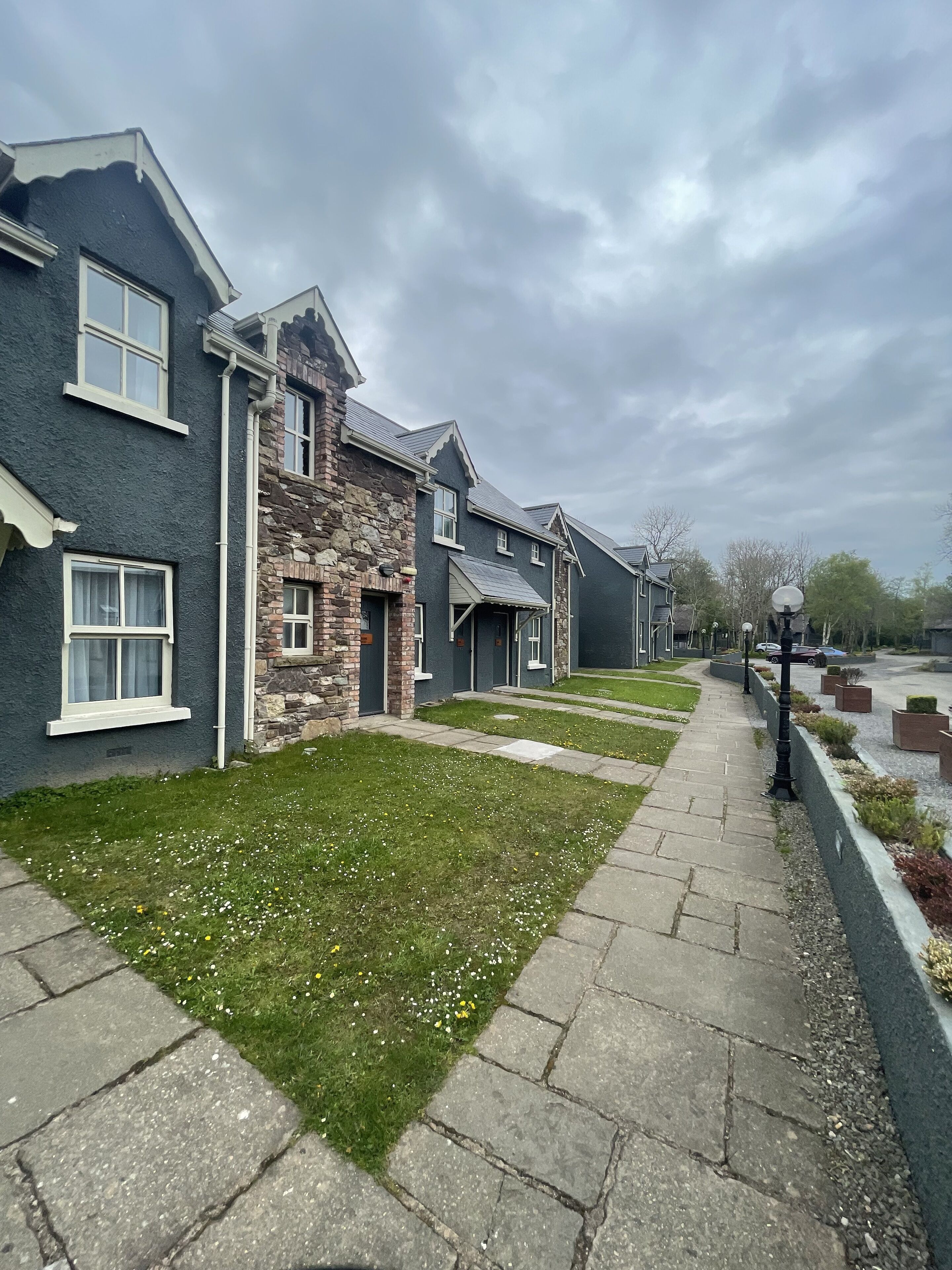 A row of modern houses with stone and dark siding, a paved walkway, and a grassy area with white flowers.